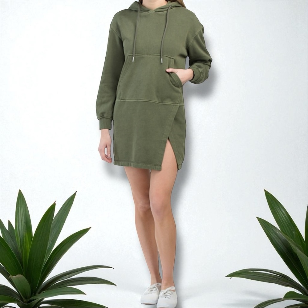 7 For All Mankind Olive Green Side Slit Hooded Sweatshirt Dress
